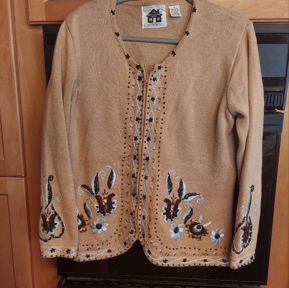 Storybook zip sweater highly detailed beading trim beige tan medium - Picture 1 of 5
